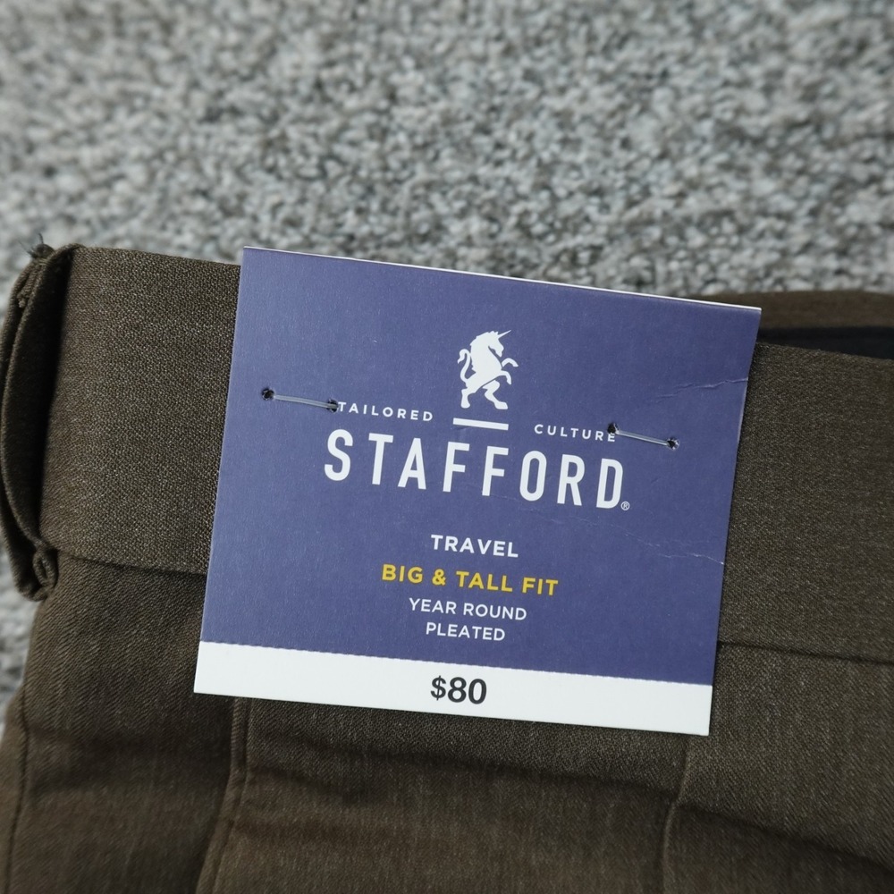 NEW Stafford Pants Mens 50X32 Brown Chino Trouser Pleated Cuffed Dress Slacks